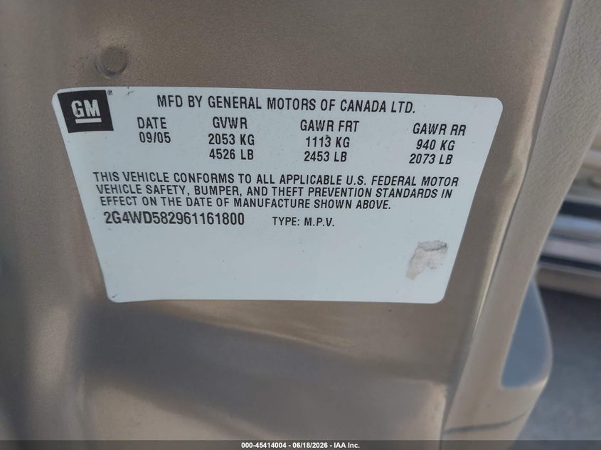 2006 Buick Lacrosse Cxl VIN: 2G4WD582961161800 Lot: 45414004