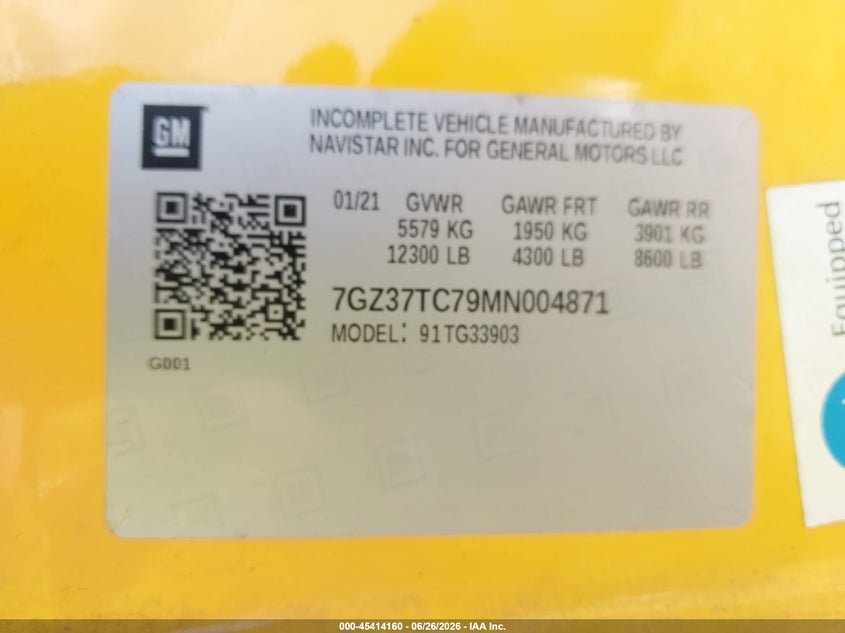 2021 GMC Savana Cutaway Work Van VIN: 7GZ37TC79MN004871 Lot: 45414160