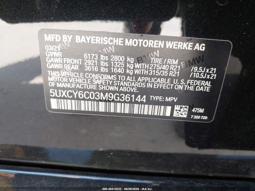 2021 BMW X6 xDrive40I VIN: 5UXCY6C03M9G36144 Lot: 45414222