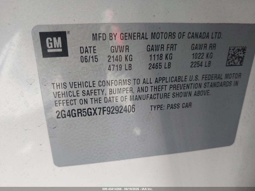 2015 Buick Regal Turbo Premium Ii VIN: 2G4GR5GX7F9292406 Lot: 45414266