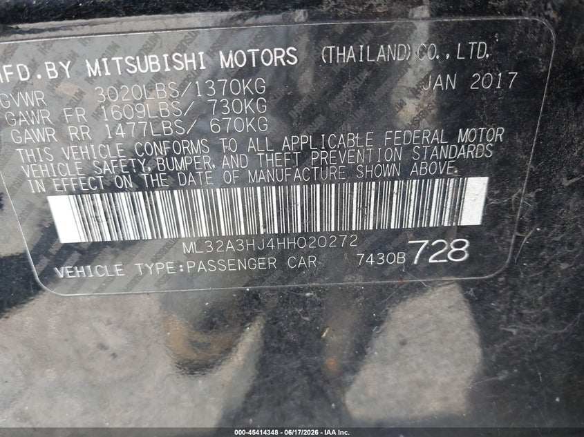 2017 Mitsubishi Mirage Es VIN: ML32A3HJ4HH020272 Lot: 45414348
