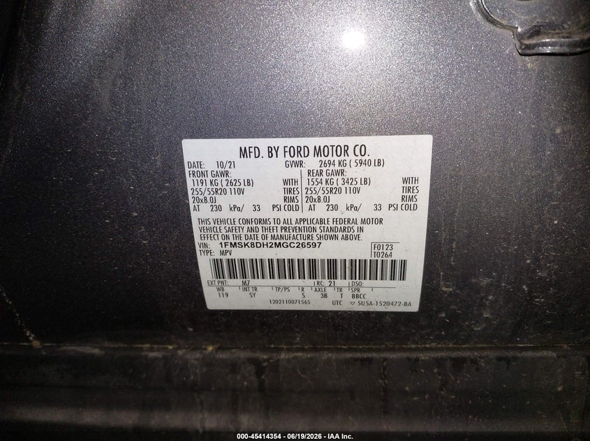 2021 Ford Explorer Xlt VIN: 1FMSK8DH2MGC26597 Lot: 45414354