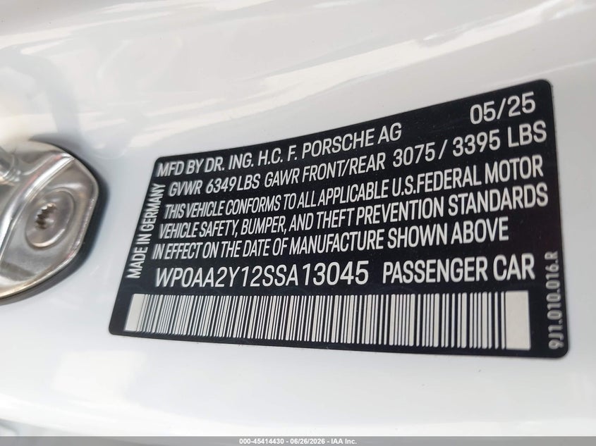 2025 Porsche Taycan 4 VIN: WP0AA2Y12SSA13045 Lot: 45414430
