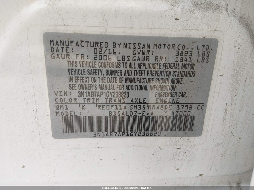 NISSAN SENTRA 2016 VIN 3N1AB7AP1GY238820