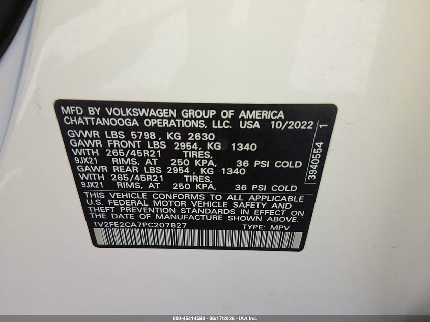 2023 Volkswagen Atlas Cross Sport 3.6L V6 Sel Premium R-Line VIN: 1V2FE2CA7PC207827 Lot: 45414598