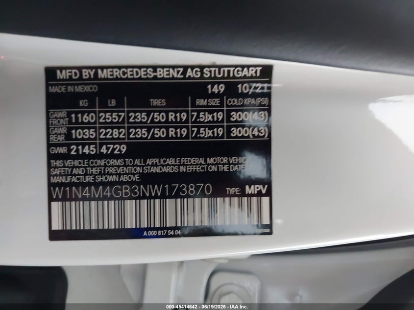 2022 Mercedes-Benz Glb 250 VIN: W1N4M4GB3NW173870 Lot: 45414642