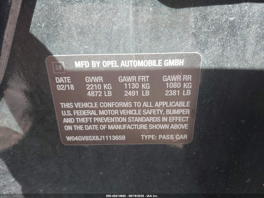 2018 Buick Regal Tourx Essence VIN: W04GV8SX8J1113659 Lot: 45414660