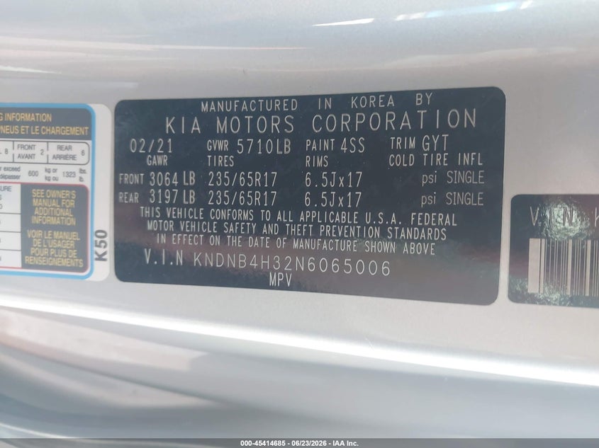 2022 Kia Carnival Mpv Lx Seat Package VIN: KNDNB4H32N6065006 Lot: 45414685