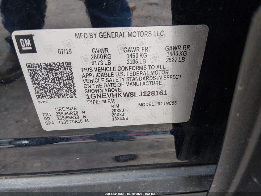 2020 Chevrolet Traverse Awd Lt Leather VIN: 1GNEVHKW8LJ128161 Lot: 45414688