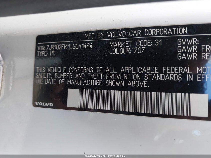 2020 Volvo S60 Momentum VIN: 7JR102FK1LG041484 Lot: 45414780