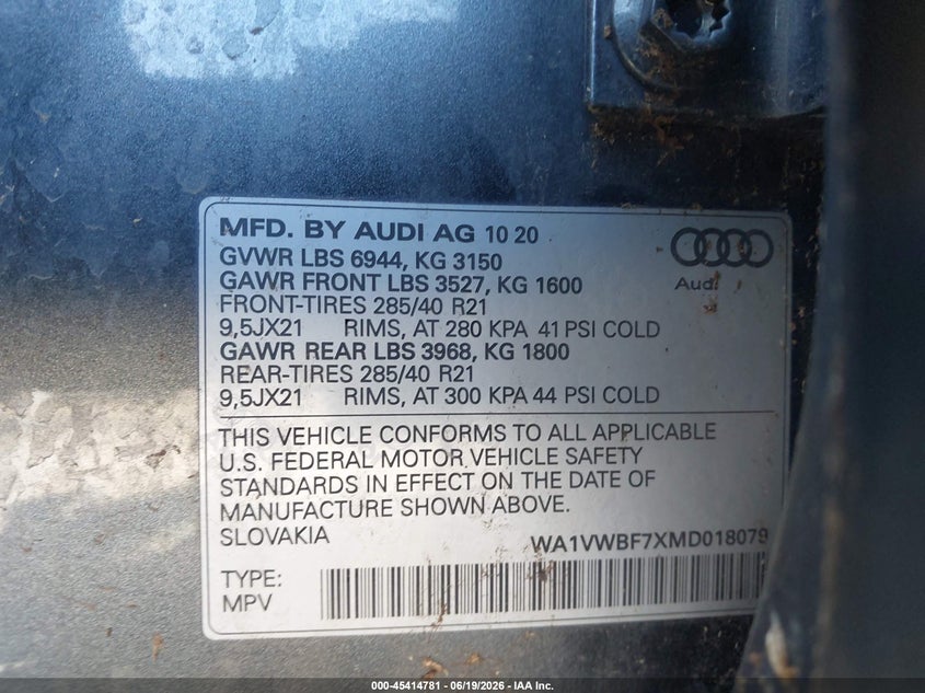 2021 Audi Sq7 Prestige Tfsi Quattro Tiptronic VIN: WA1VWBF7XMD018079 Lot: 45414781