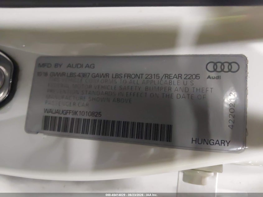 2019 Audi A3 VIN: WAUAUGFF9K1010825 Lot: 45414829