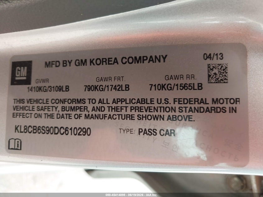 2013 Chevrolet Spark Ls Auto VIN: KL8CB6S90DC610290 Lot: 45414898