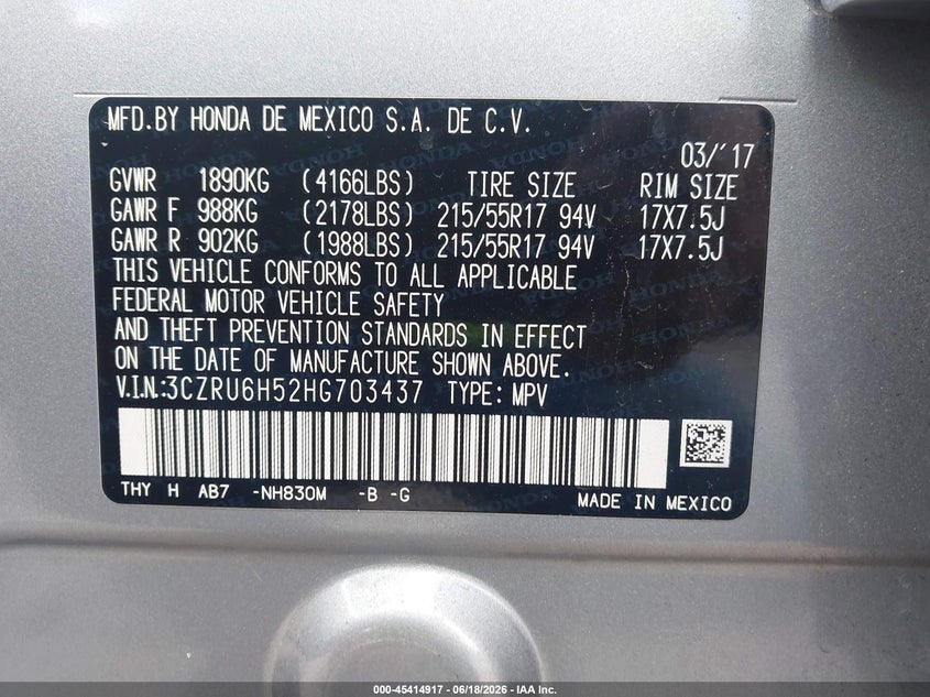 VIN 3CZRU6H52HG703437 2017 HONDA HR-V EX