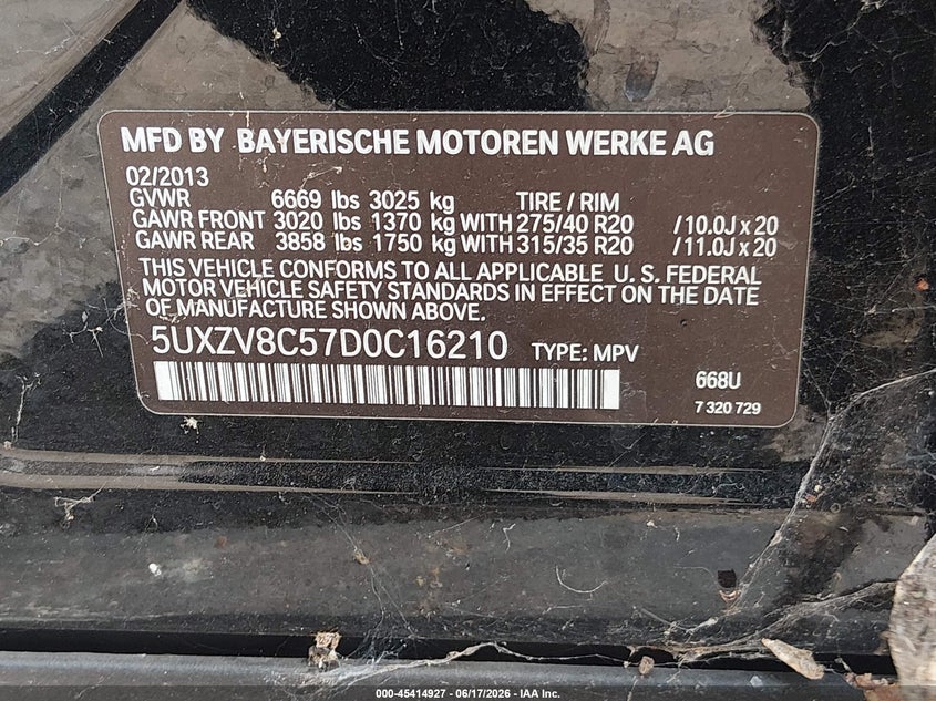 BMW X5 2013 VIN 5UXZV8C57D0C16210
