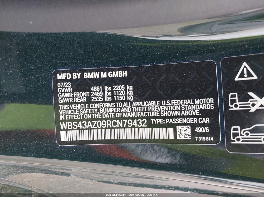2024 BMW M4 Competition xDrive VIN: WBS43AZ09RCN79432 Lot: 45414931