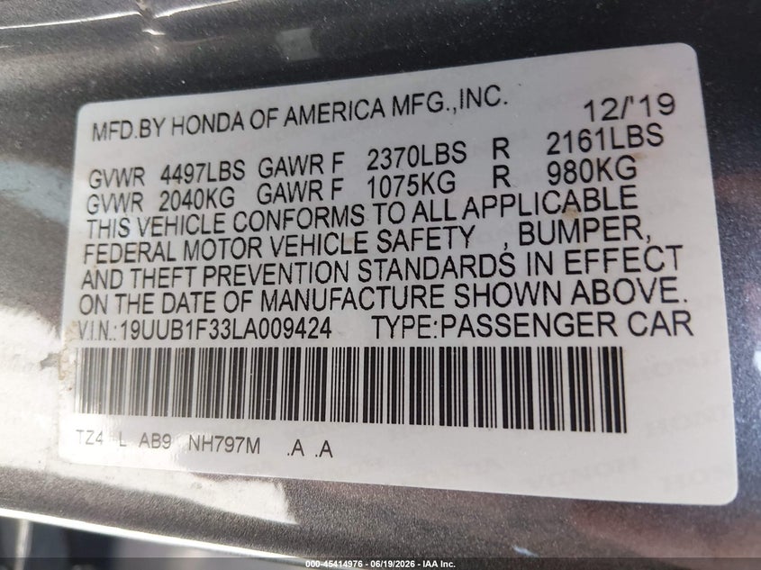 2020 Acura Tlx Standard VIN: 19UUB1F33LA009424 Lot: 45414976