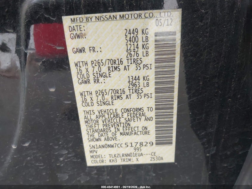 2012 Nissan Xterra S VIN: 5N1AN0NW7CC517829 Lot: 45414981