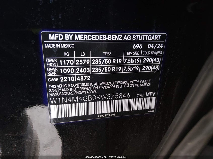 2024 Mercedes-Benz Glb 250 VIN: W1N4M4GB0RW375846 Lot: 45415003