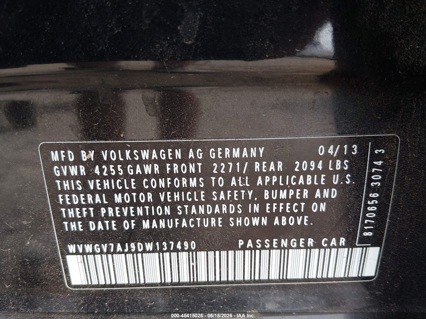 2013 Volkswagen Gti Wolfsburg Edition VIN: WVWGV7AJ9DW137490 Lot: 45415026
