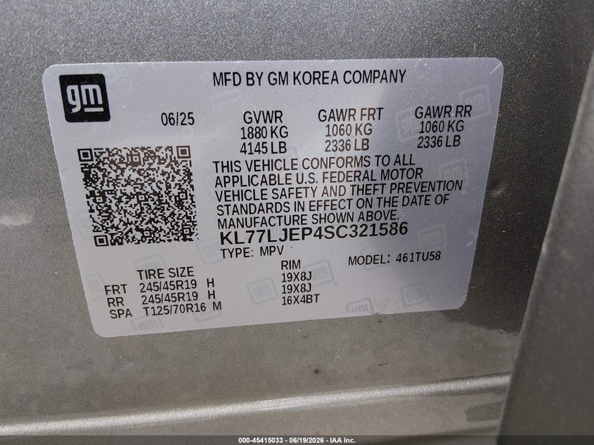 CHEVROLET TRAX 2025 VIN KL77LJEP4SC321586