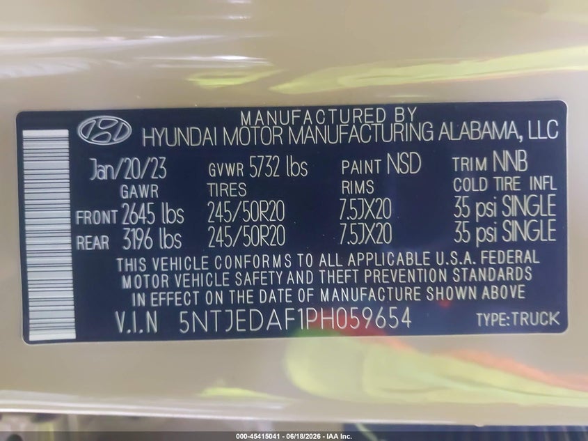 2023 Hyundai Santa Cruz Limited VIN: 5NTJEDAF1PH059654 Lot: 45415041