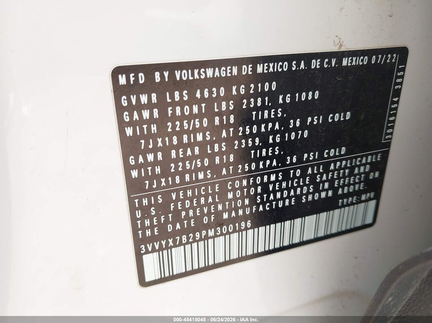 2023 Volkswagen Taos 1.5T Se VIN: 3VVYX7B29PM300196 Lot: 45415048