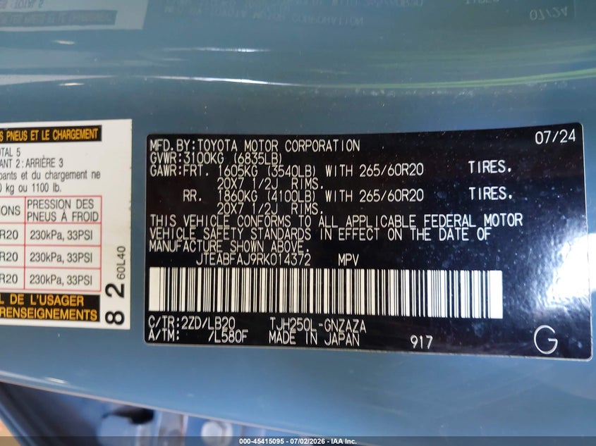 2024 Toyota Land Cruiser VIN: JTEABFAJ9RK014372 Lot: 45415095
