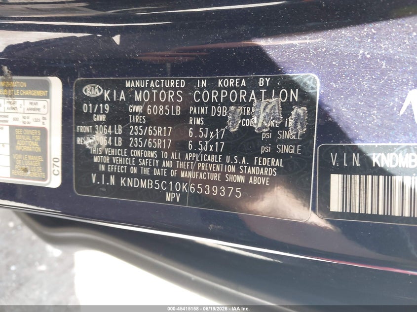 VIN KNDMB5C10K6539375 2019 KIA SEDONA LX