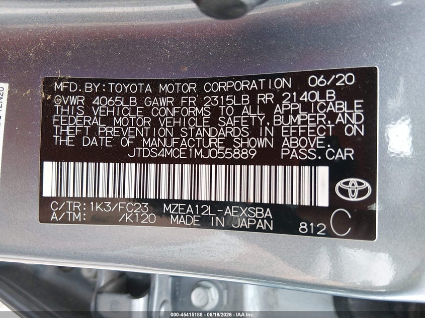 2021 Toyota Corolla Se VIN: JTDS4MCE1MJ055889 Lot: 45415188