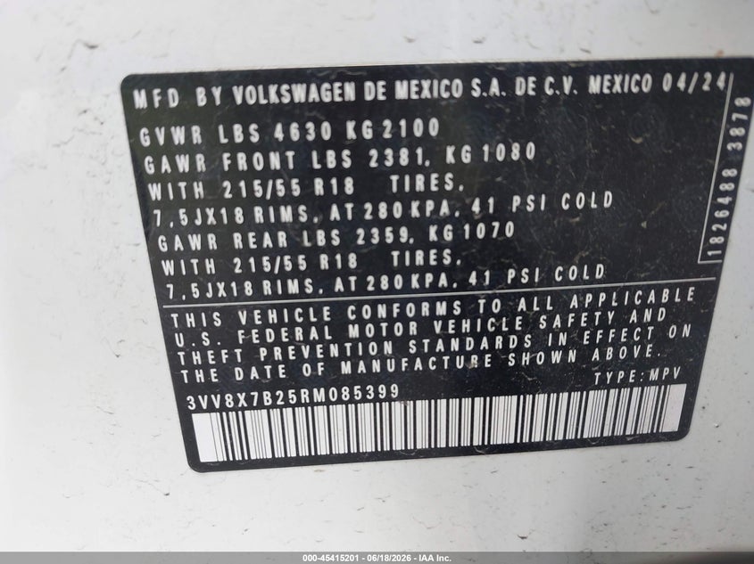 2024 Volkswagen Taos 1.5T S VIN: 3VV8X7B25RM085399 Lot: 45415201