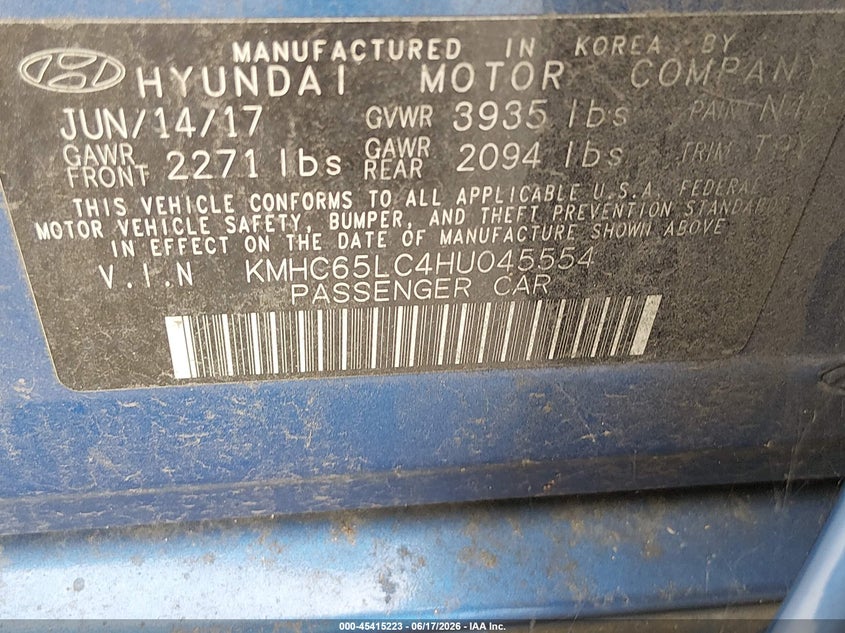 2017 Hyundai Ioniq Hybrid Blue VIN: KMHC65LC4HU045554 Lot: 45415223