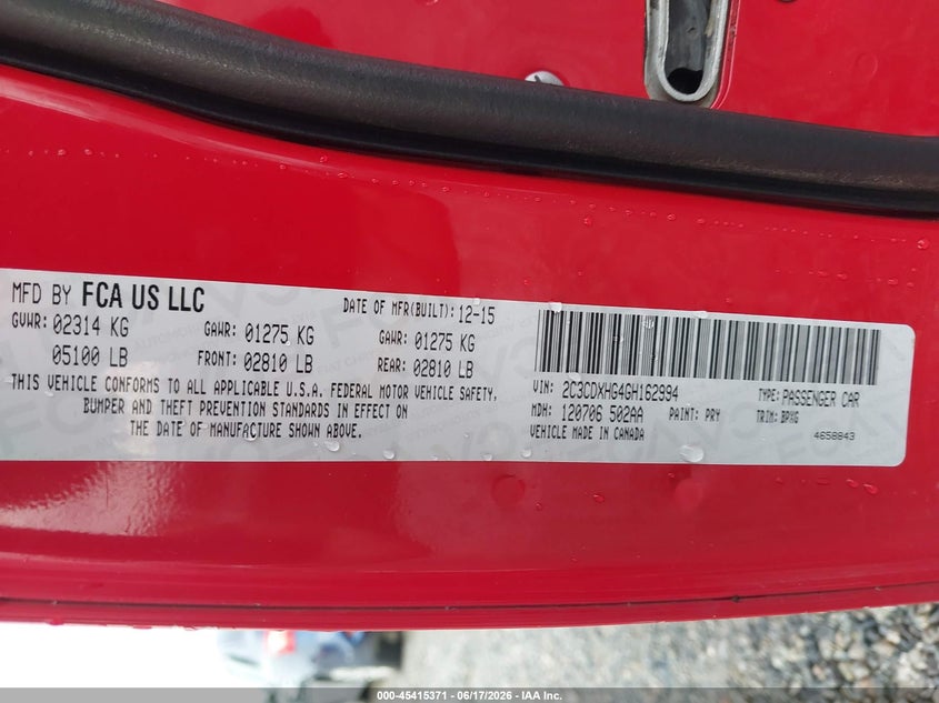 2016 DODGE CHARGER SEDAN 3.6L V-6 DOHC, VVT, 292HP