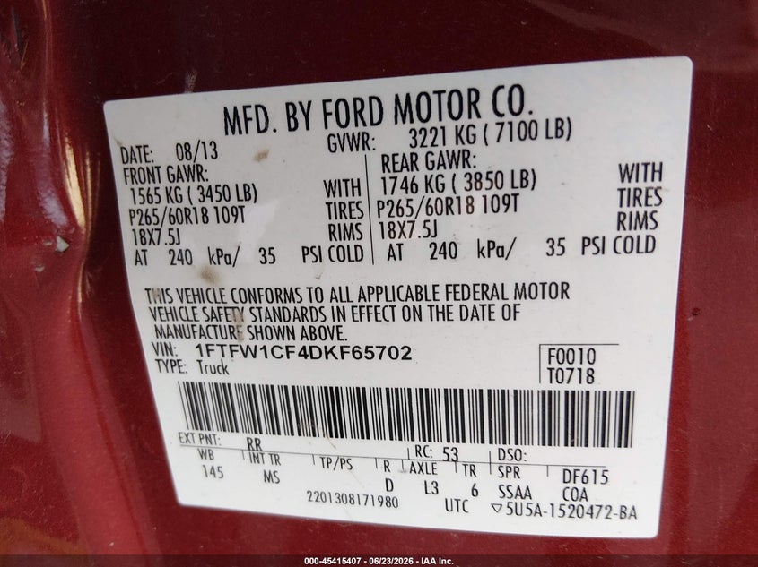 2013 FORD F-150 TRUCK 5.0L V-8 DOHC, VVT, 360HP