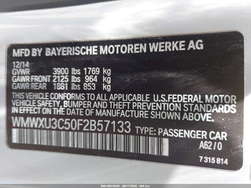 2015 Mini Hardtop Cooper S VIN: WMWXU3C50F2B57133 Lot: 45415430