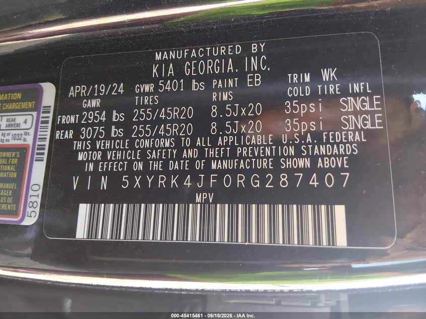 VIN 5XYRK4JF0RG287407 2024 KIA SORENTO SX
