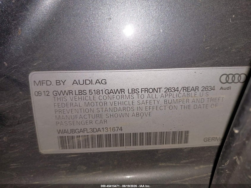 2013 Audi S4 3.0T Premium Plus VIN: WAUBGAFL3DA131674 Lot: 45415471