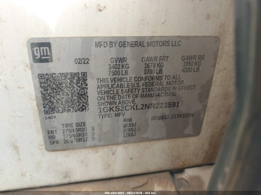 2022 GMC Yukon 4Wd At4 VIN: 1GKS2CKL2NR222591 Lot: 45415507
