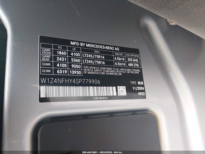 2025 Mercedes-Benz Sprinter 2500 Standard Roof 4-Cyl Diesel Ho VIN: W1Z4NFHY4SP779906 Lot: 45415601