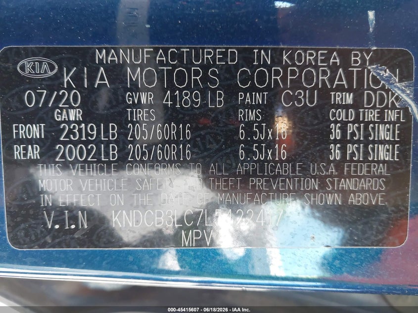 2020 Kia Niro Lxs VIN: KNDCB3LC7L5422417 Lot: 45415607