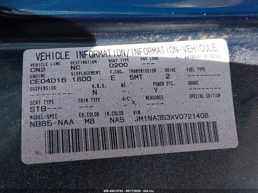 1997 Mazda Mx-5 Miata Leather Pkg/M Edition/Popular Equipment Pkg/R Pkg./Sto/Touring Pkg VIN: JM1NA353XV0721408 Lot: 45415763
