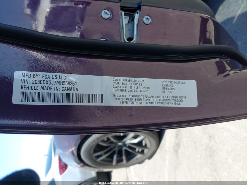 2021 Dodge Charger Scat Pack Rwd VIN: 2C3CDXGJ7MH559351 Lot: 45415768