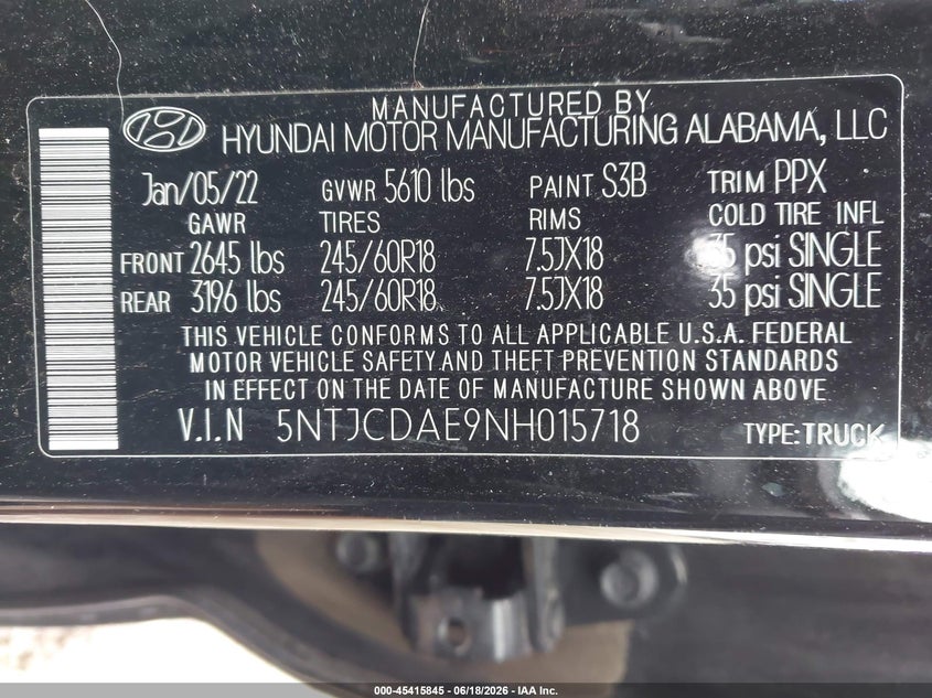 2022 Hyundai Santa Cruz Sel VIN: 5NTJCDAE9NH015718 Lot: 45415845