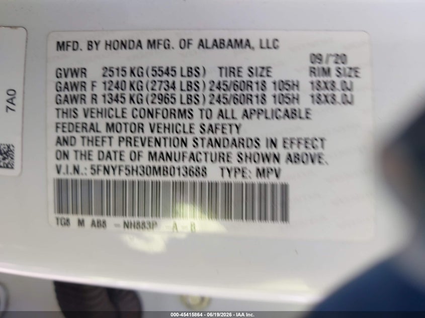 2021 HONDA PILOT SPORT UTILITY VEHICLE 3.5L V-6 DI, VVT, 280HP