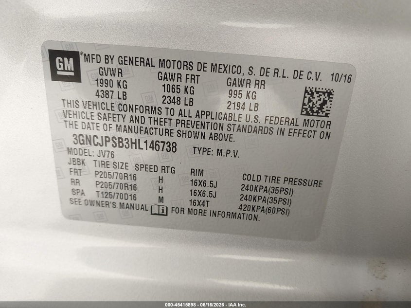 2017 Chevrolet Trax Lt VIN: 3GNCJPSB3HL146738 Lot: 45415898