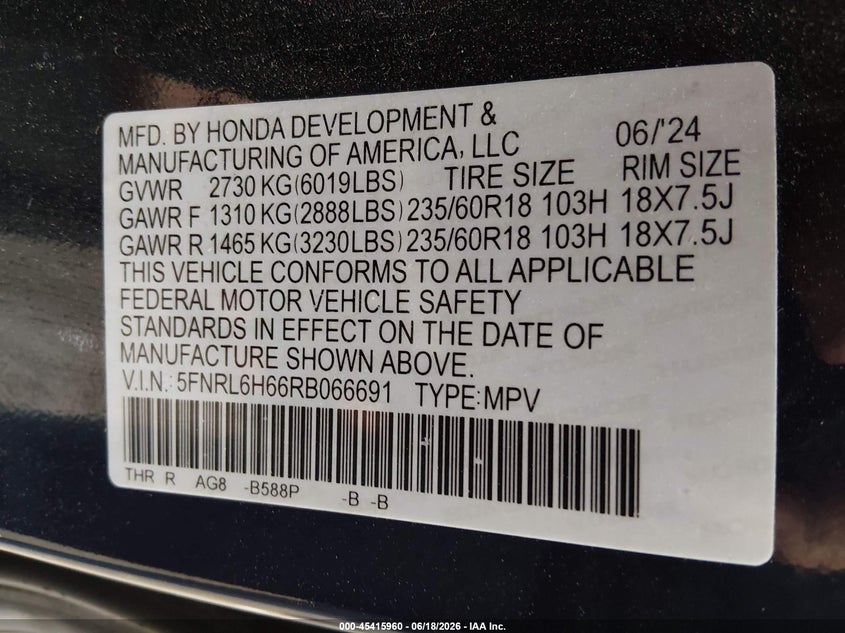 VIN 5FNRL6H66RB066691 2024 HONDA ODYSSEY EX-L