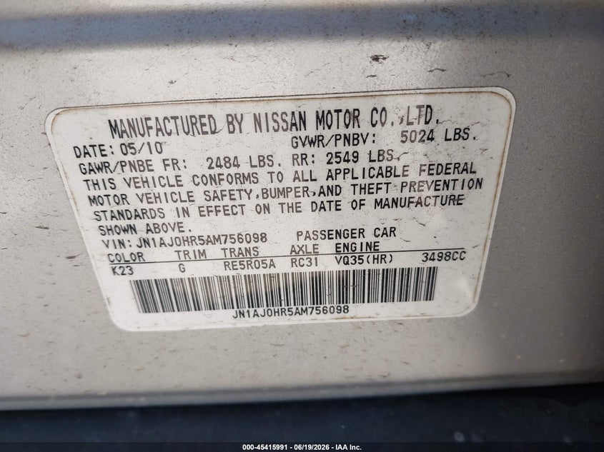 2010 Infiniti Ex35 Journey VIN: JN1AJ0HR5AM756098 Lot: 45415991