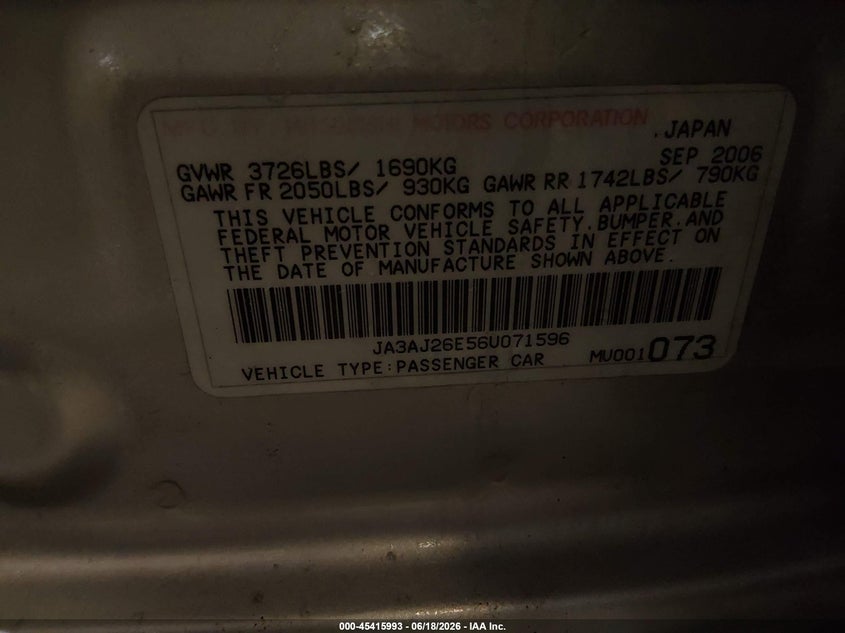 2006 Mitsubishi Lancer Es/Se VIN: JA3AJ26E56U071596 Lot: 45415993