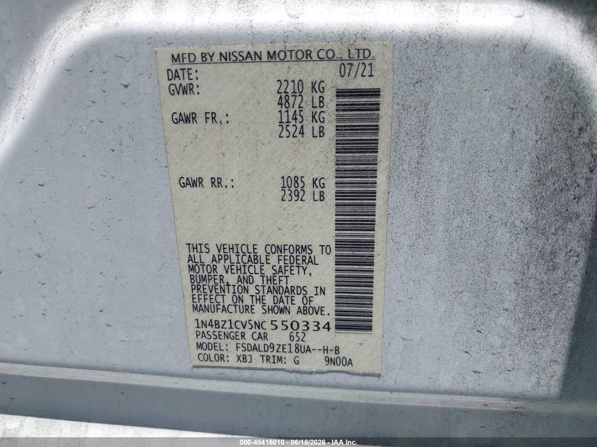 2022 Nissan Leaf Sv Plus 62 Kwh VIN: 1N4BZ1CV5NC550334 Lot: 45416010