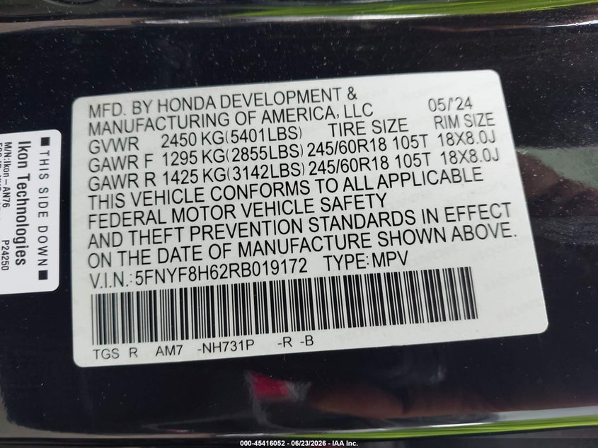 2024 Honda Passport Awd Trailsport VIN: 5FNYF8H62RB019172 Lot: 45416052